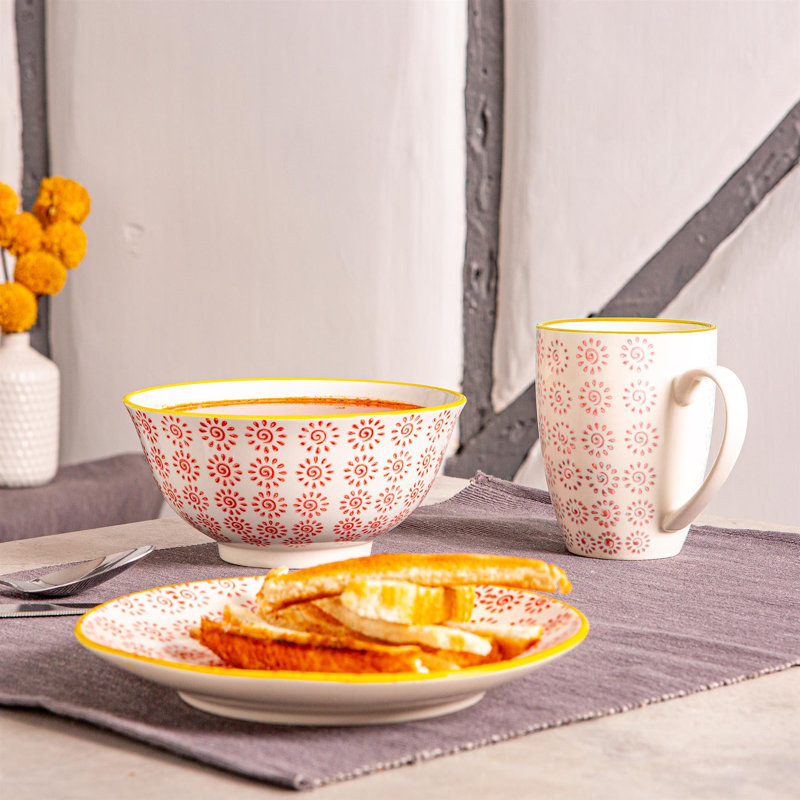 Nicola Spring - Hand-Printed Cereal Bowl, Red/Yellow