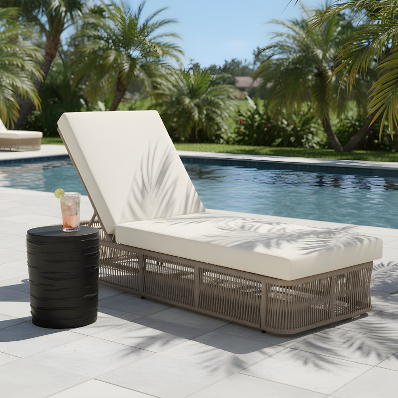 Marienthal Patio 2-Piece Weave Rope Chaise Lounge & Concrete Side Table Set With Adjustable Backrest & Cushions