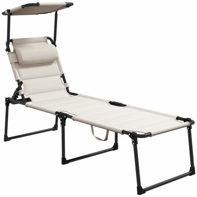 Outdoor Lounge Chair, Adjustable Backrest Folding Chaise Lounge, Cushioned Tanning Chair W/Sunshade Roof & Pillow Headrest For Beach, Camping, Hiking