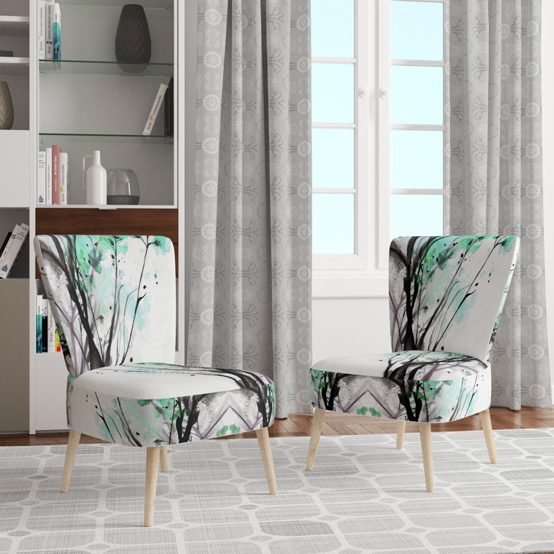 Abstract Orange Flowers - Chaise d'appoint rembourrée traditionnelle, Vert / noir / blanc
