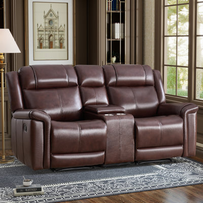 75'' Wide Top-Grain Genuine Leather Reclining Loveseat With Center Console And Cup Holders