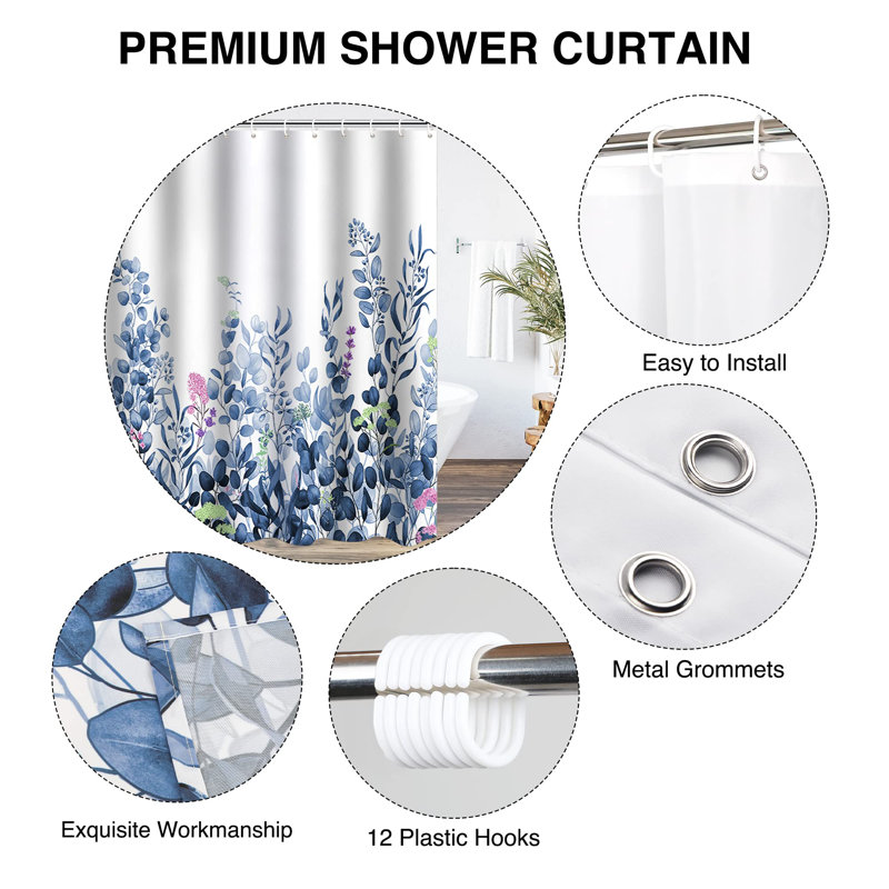 Bathroom Shower Curtain with 12 Hooks, Blue Floral 1
