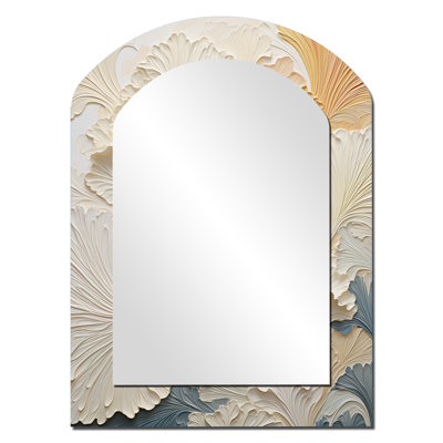 Plamier moderne beige doré - grand miroir en arche tropicale côtière, décor de miroir mural asymétrique beige unique, impression d'art en métal