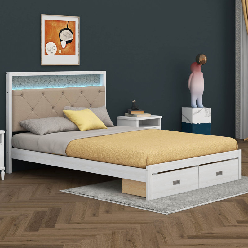 Lit plateforme en bois avec tête de lit tapissier et 2 tiroirs Stoltz, Grand, White/Grey