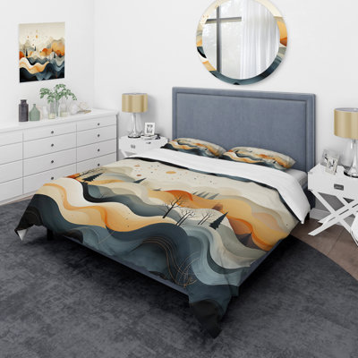 Teal Orange Line Art Landscape - Abstract Line Duvet Cover Set