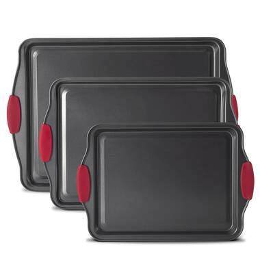 Tasty 17 x 11 Non-Stick Cookie Sheet with Red Silicone Handles - Set of 2  