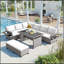 Ensemble de canapé de patio extérieur en rotin 5 pièces, ensemble de mobilier de jardin en forme de L en osier modulaire avec 2 tables d'appoint extensibles, table de salle à manger et housses lavables pour la cour, la piscine, l'intérieur, blanc