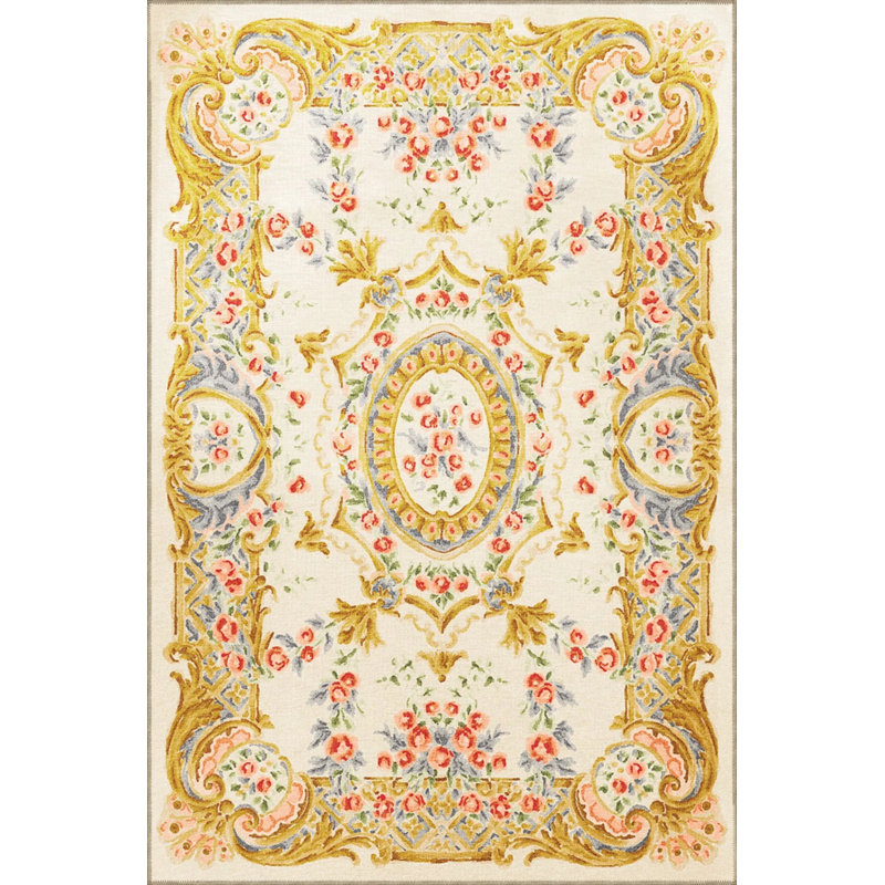 Yellow Beige Themed Traditional Motif Ethnic Floral Patterned Vintage Decorative Carpet, Rectangle 5'2" x 7'7"
