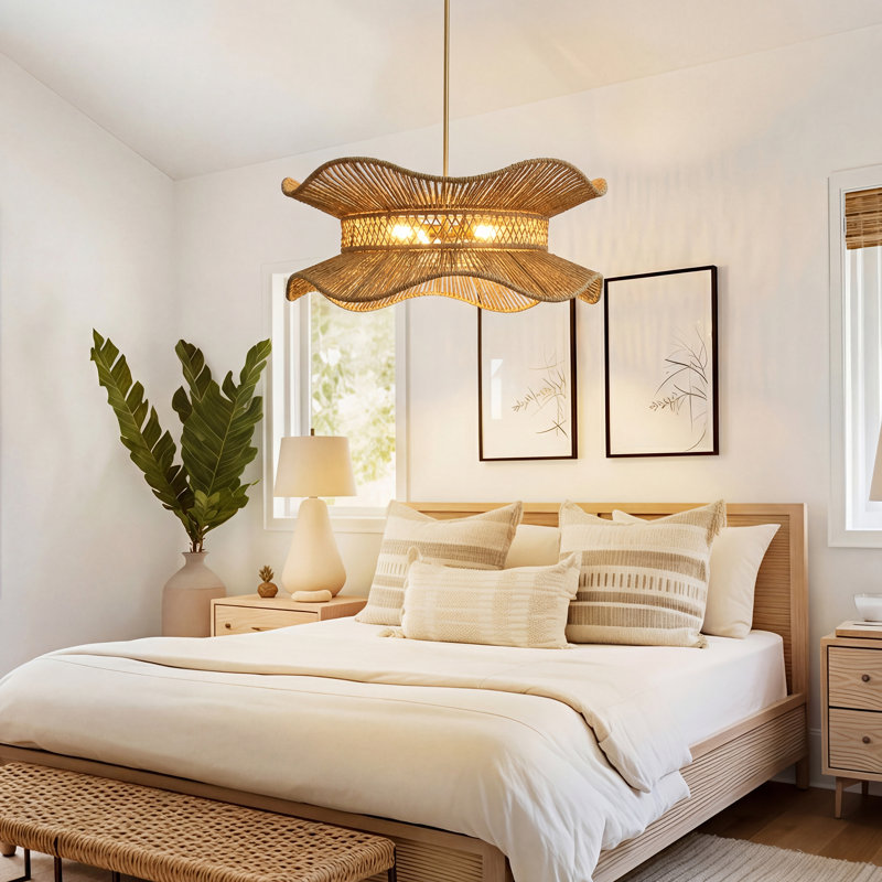 Luminaire tambour en bois naturel 6 lumières de style moderne l 30 po avec abat-jour en corde de coton tissé à la main pour la salle à manger ou la chambre à coucher
