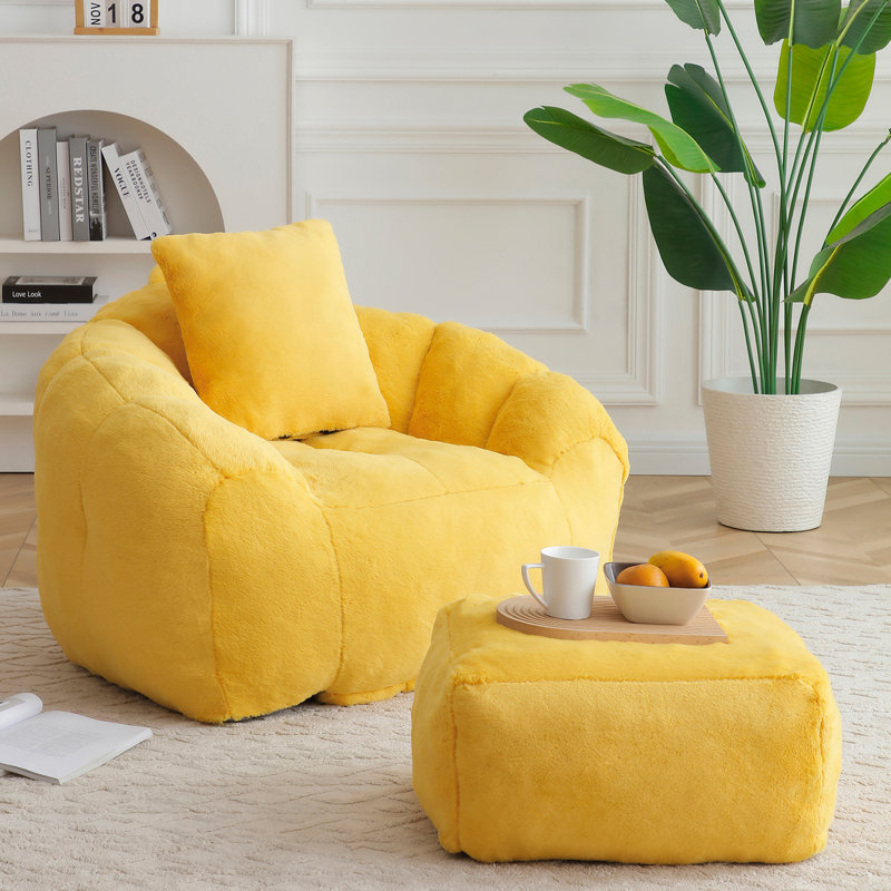 Fauteuil à billes surdimensionné avec repose-pieds, Similifourrure jaune