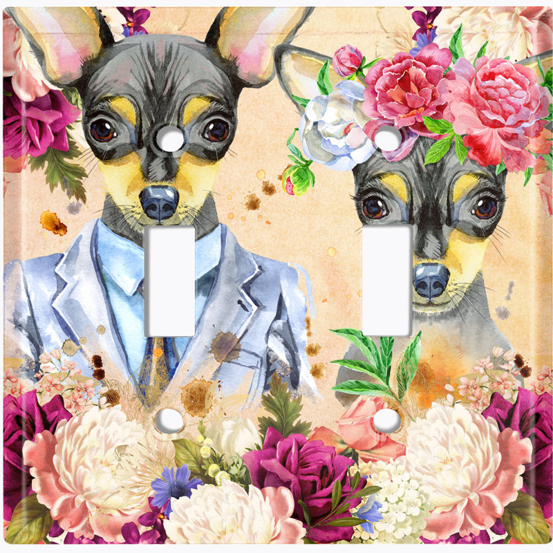 Joli couple de chihuahua élégant avec deux fleurs roses et une plaque murale à interrupteur à bascule