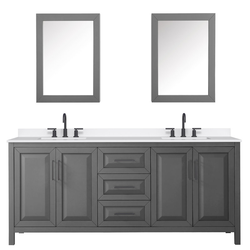 Ensemble de meuble-lavabo double 80 po avec dessus en quartz et miroir Daria, Quartz Giotto, Gris, Noir mat