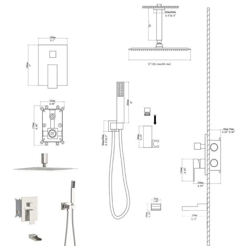 Ceiling Mounted Shower In Brushed Nickel: 16" Rainfall Head, Waterfall Spout, Handheld With Diverter Required Mount Shower: Nickel, Tub Nozzle