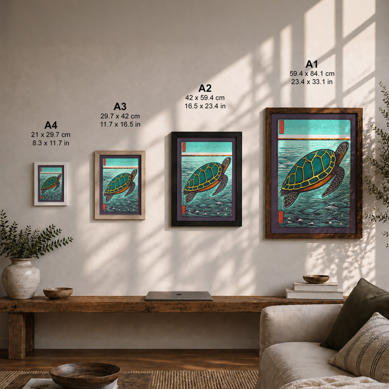 Turtle in Open Water Japandi 1 Piece Single Picture Frame Wall Art, A4 - 29.7 x 21.0 cm, Walnut