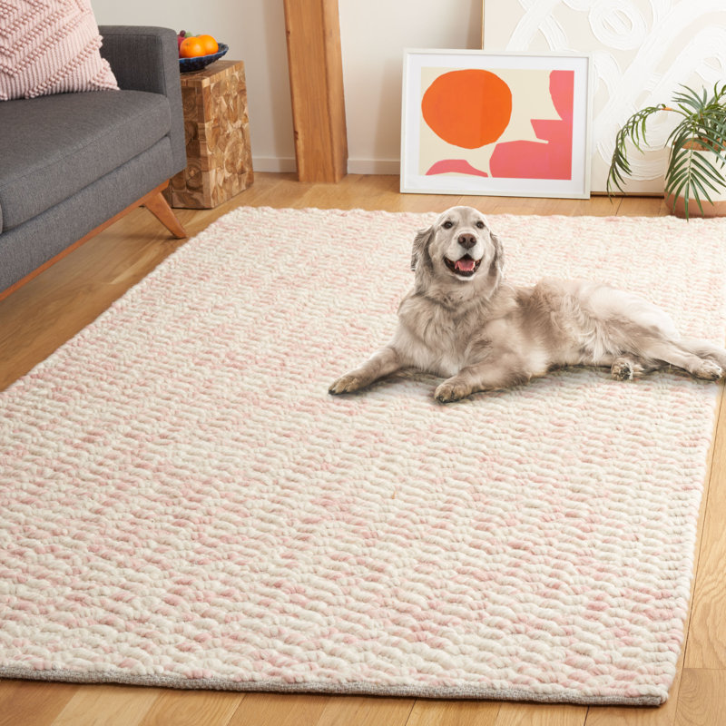 Boud Geometric Hand Loomed Wool/Cotton Area Rug in Pink/Ivory, Rectangle 6' x 9'