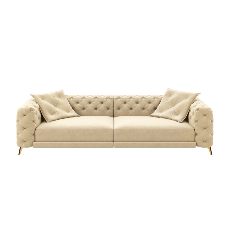 Canapé-lit convertible 3 en 1, 95 cm, en velours beige capitonné, 4 places avec pouf amovible, Apricot