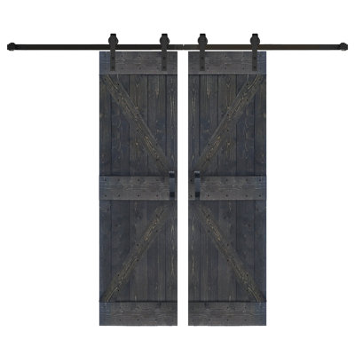 Porte de grange coulissante double en bois massif de style K avec ensemble de quincaillerie - Assemblage requis
