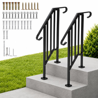 2-Pack Outdoor Stair Handrails for 2-Step Stairs – Black Steel Step Railing for Porch & Deck