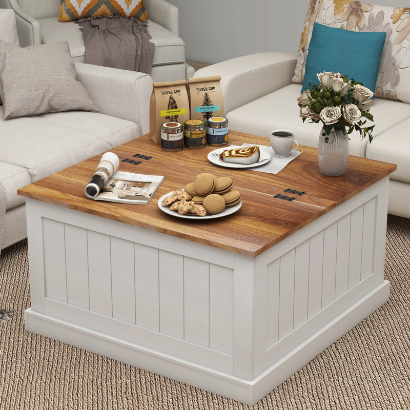 Table basse 31,5 "Farmhouse, table centrale carrée en bois avec plateau relevable à charnières
