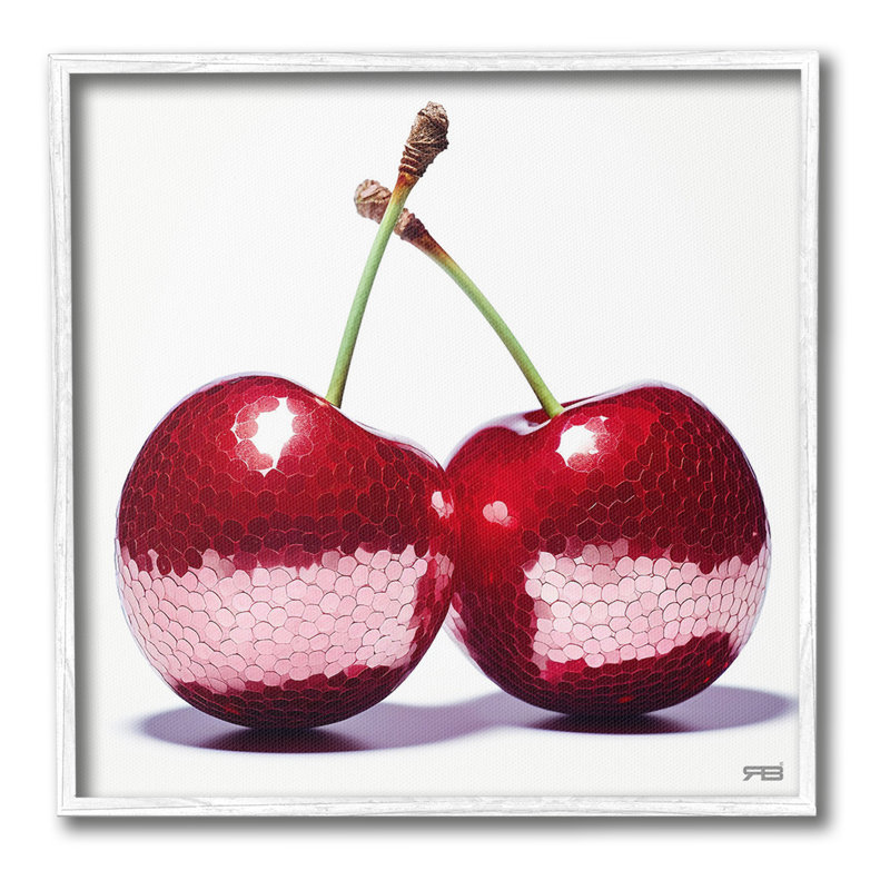 Cerises avec réflexion, Estampe numérique encadrée blanc bord de mer, H 17 po x l 17 po