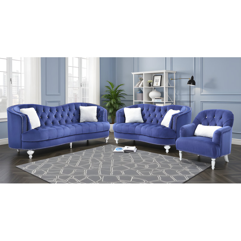 Ensemble de salon 3 pièces en velours, Bleu