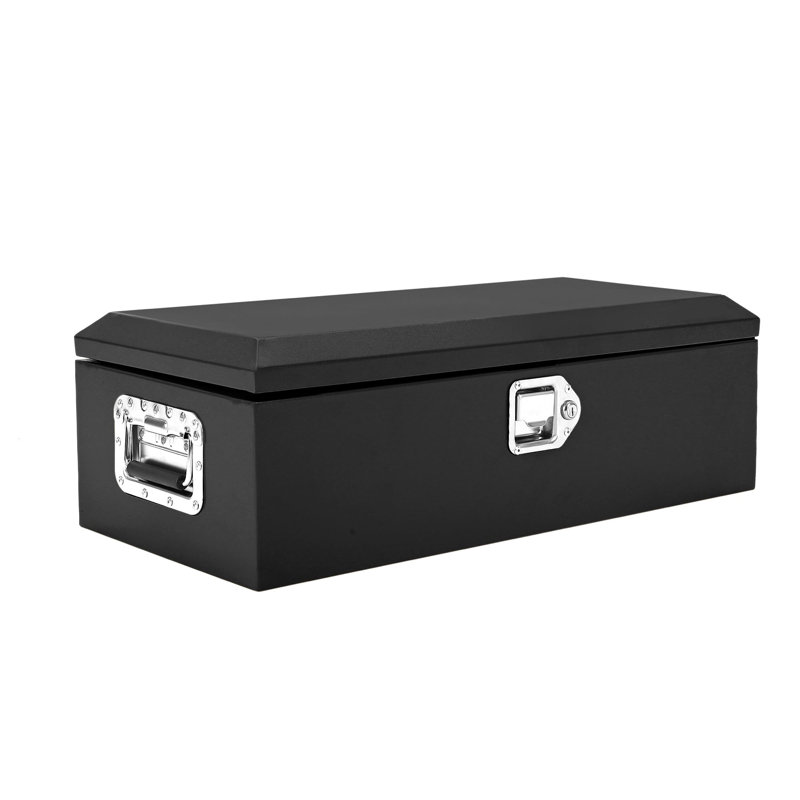 Low-Profile Steel Truck Bed Tool Box, Diamond Plate Under-Rail Lockable Tool Chest w/ Keys & Side Handles, Weather-Resistant Storage for Pickup/RV/Trailer, Black