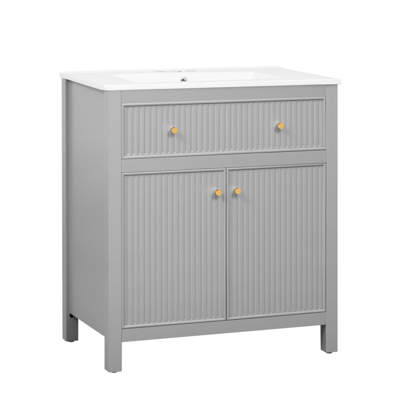 Meuble-lavabo gris 60 po avec lavabo en céramique, tiroir à fermeture en douceur et charnières de porte 60 po, quincaillerie d'armoire fonctionnelle de 60 po, qualité de fabrication