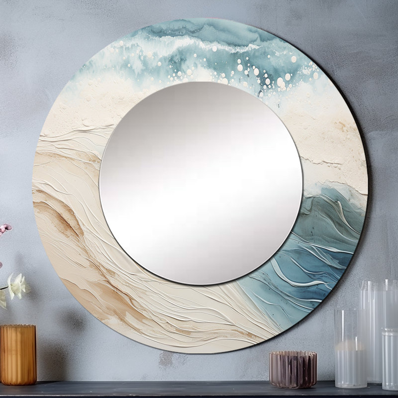 Moderne bleu et beige sable vue aérienne V - grand miroir de sable de plage, miroir mural rond gris, art imprimé en métal