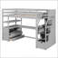 Lit mezzanine simple avec bureau, tablettes, tiroirs intégrés et escalier de rangement gris, parfait pour un usage peu encombrant et multifonctionnel.