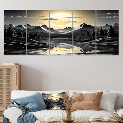 Silhouette de lune, paysage de montagnes, ensemble d'art mural 5 pièces