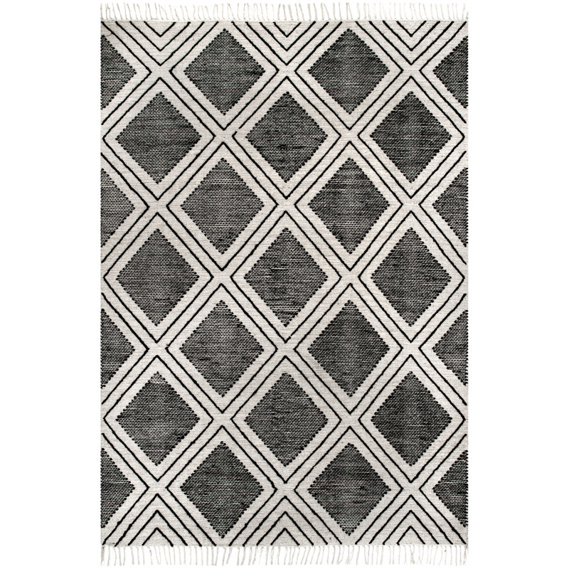 Tapis noir / ivoire en laine / coton tissé à plat à la main à motif géométrique, Rectangle 5 pi x 8 pi