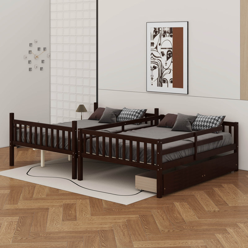 Full Over Full Rubber Wood Bunk Bed With 2 Drawers, Convertible Into 2 Beds, Espresso