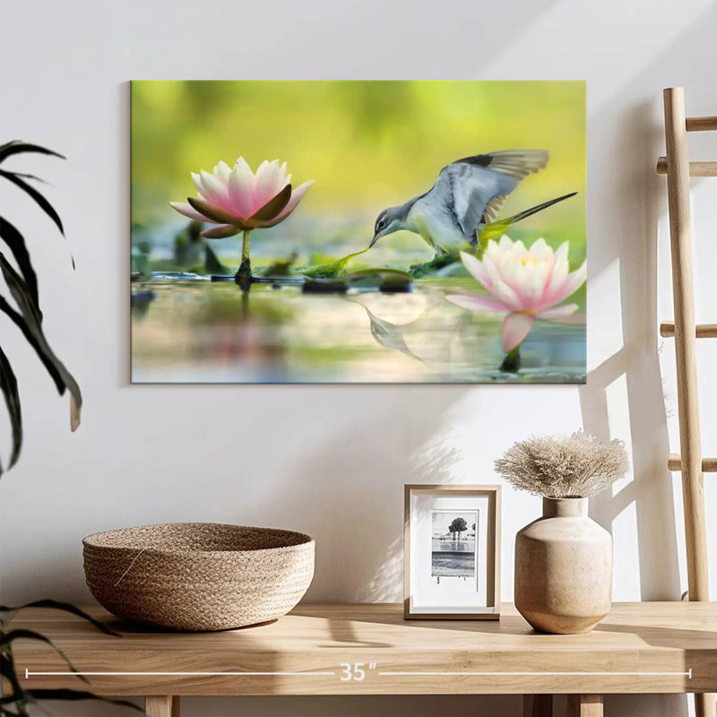 Bruyère lotus et oiseau gris, H 16 po x l 24 po