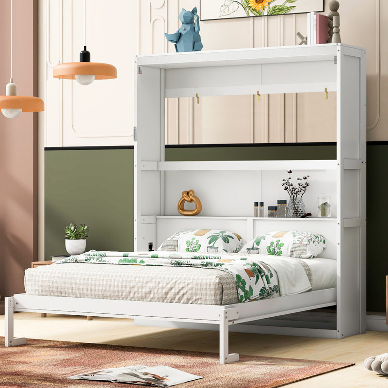 Grand lit blanc avec tablettes - pliable dans l'armoire, convient à la chambre d'amis, matelas confortable pour bureau à domicile, support