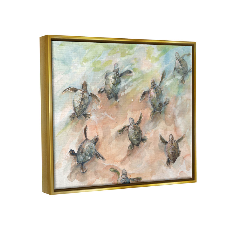 «Baby Sea Turtles Natation Shore» par Diannart - peinture à cadre flottant sur toile, H 17 po x l 21 po x P 1,7 po
