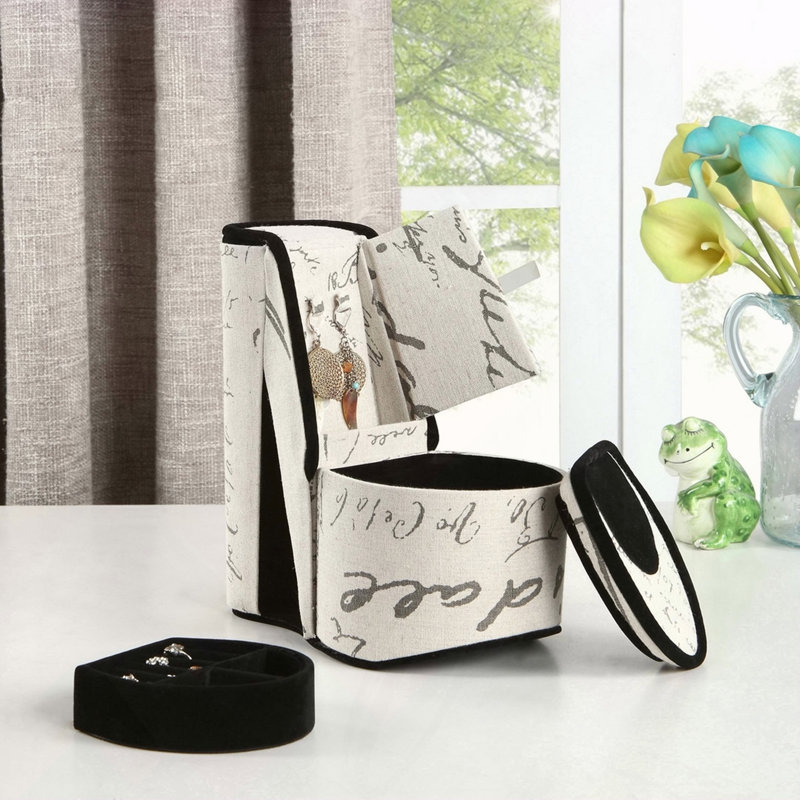 Boîte à bijoux de 9 po de hauteur avec rangement caché, conception de chaussures à talons hauts, impression de lettres au pochoir