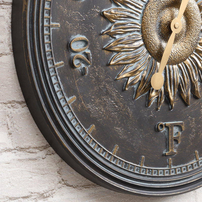 16" Bronze Verdigris Sunflower Outdoor Wall Clock and Thermometer Set