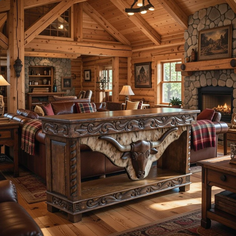 Solid Wood and Cowhide Lift Top Console