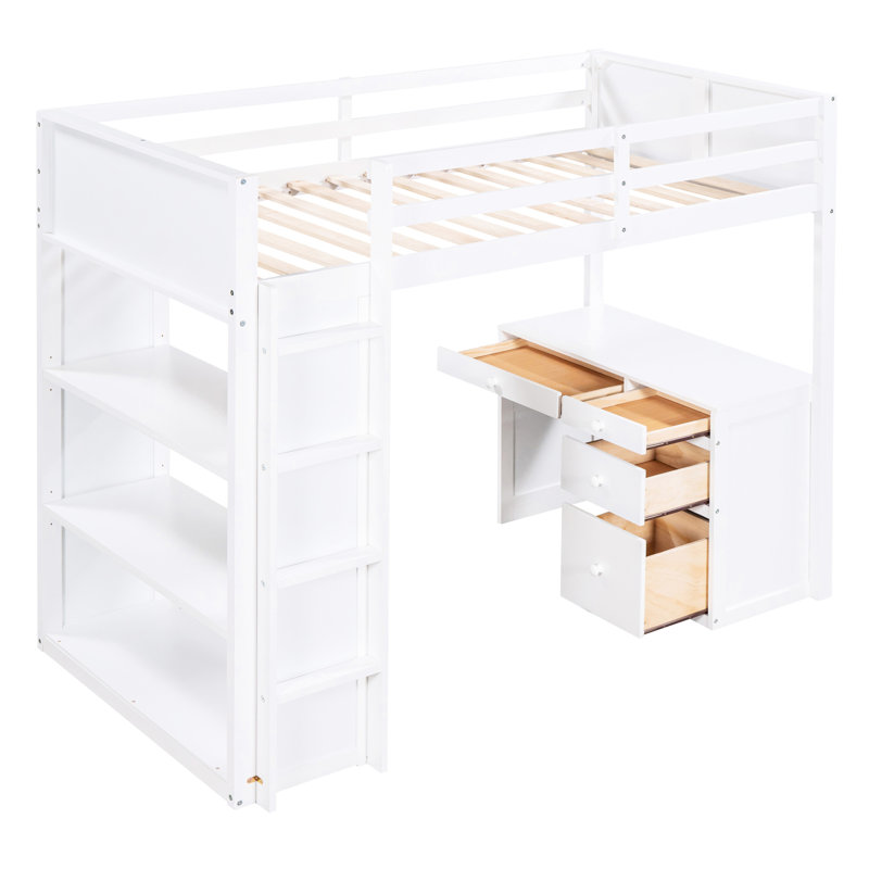 Lit mezzanine simple avec tablettes, bureau et bureau - blanc, bois massif pour un confort à long terme qui permet d'économiser de l'espace et de créer une durabilité supérieure