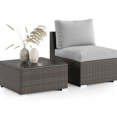 2 pièces de mobilier de patio avec table basse en gris. Pe,. Imperméable. Structure en acier galvanisé, coussins confortables, verre trempé amovible. Pour les pelouses, construction de jardins. Acier, détachable