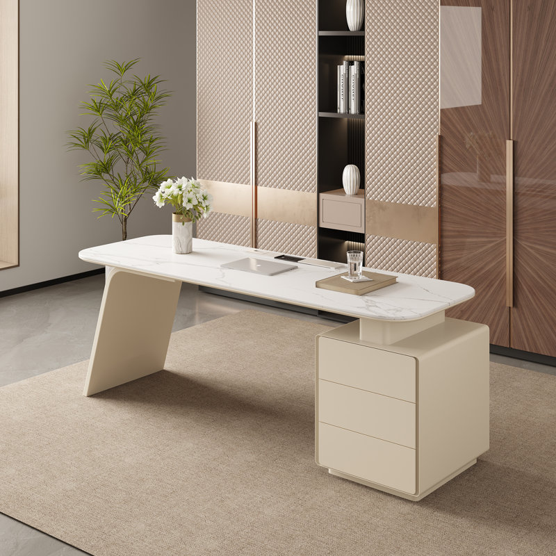 Bureau de direction pour bureau à domicile avec plateau en marbre artificiel à 3 tiroirs et prises encastrées