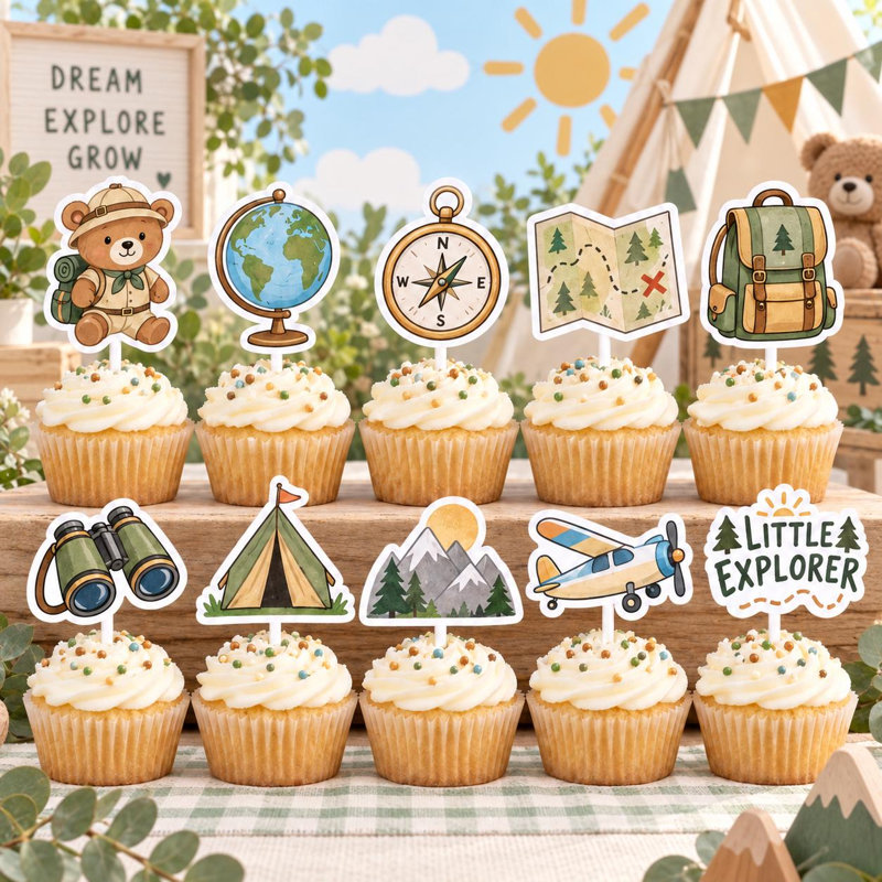 Décorations pour cupcakes Petit explorateur, 10 modèles uniques pour une fête prénatale sur le thème de l'aventure
