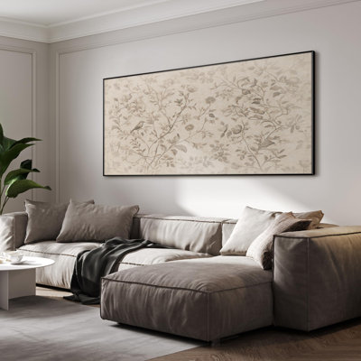 Très grande reproduction d'art sur toile - dessin floral botanique rétro avec oiseau, décoration pour le salon ou la chambre à coucher - «Assemblage requis du cadre (cadre non fini)»