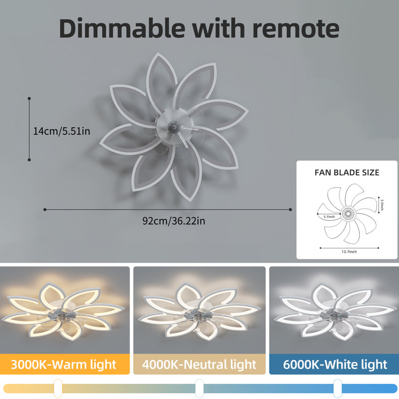 36.22'' 7- Blade Dimmable LED Reversible Flush Mount Ceiling Fan With Remote And App, White