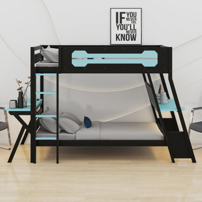 Dual Gaming Desk Bunk Bed Equipped With USB Desktop Ports & Pegboard Storage