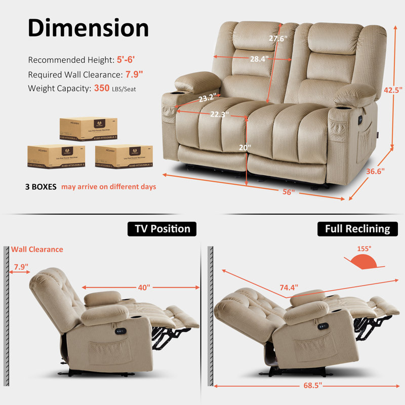 Causeuse inclinable électrique avec chaleur et massage, fauteuil inclinable électrique en tissu, 100 % polyester beige