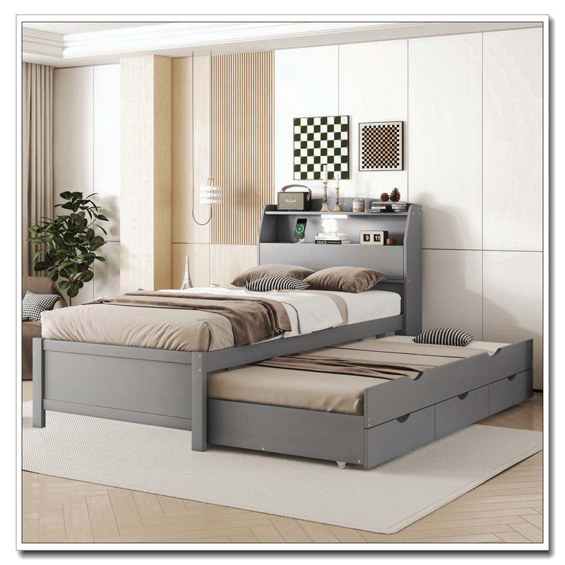 Lit en bois avec lit gigogne, tiroirs et lumières DEL, Simple, gris