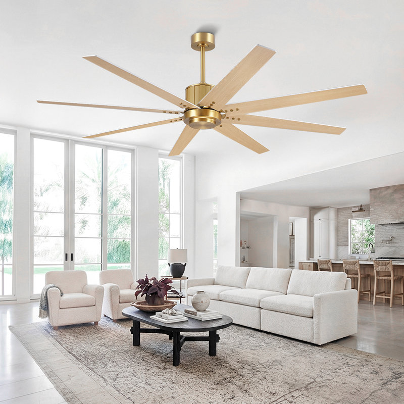 Ventilateur de plafond 72 po à 8 pales 72 po avec fixation à la tige verticale, Or NAB, 72'', Blanc / grain de bois naturel