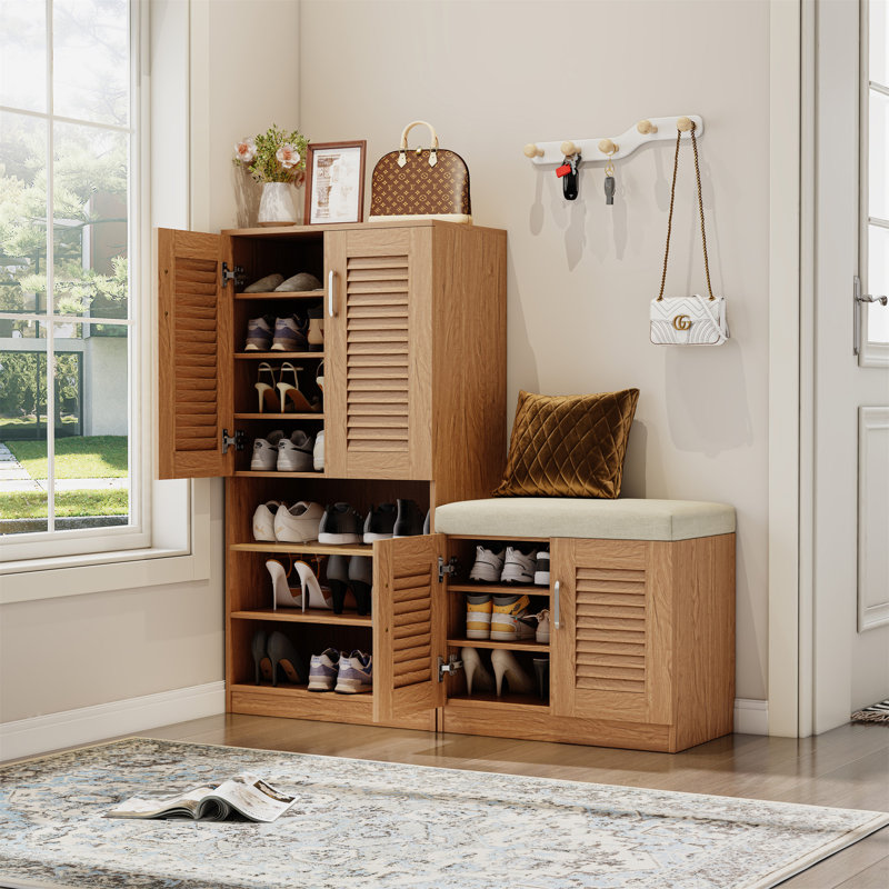 Banc de rangement multifonctionnel pour chaussures avec 7 + 3 compartiments de rangement et plateau à couches réglable, Chêne