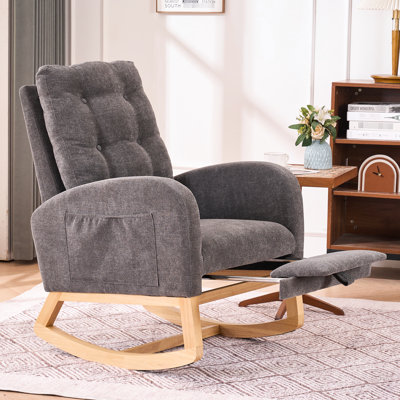 Chaise berçante décorative, base en bois massif, rembourrage en mousse souple, soutien à haut dossier à bascule gris relaxant pour la chambre à coucher, + bourre à ressort, chaise de salon